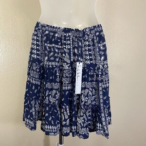 NWT Nicole Miller Mini Skirt Womens M Blue Paisley Tiered Flowy Feminine BOHO